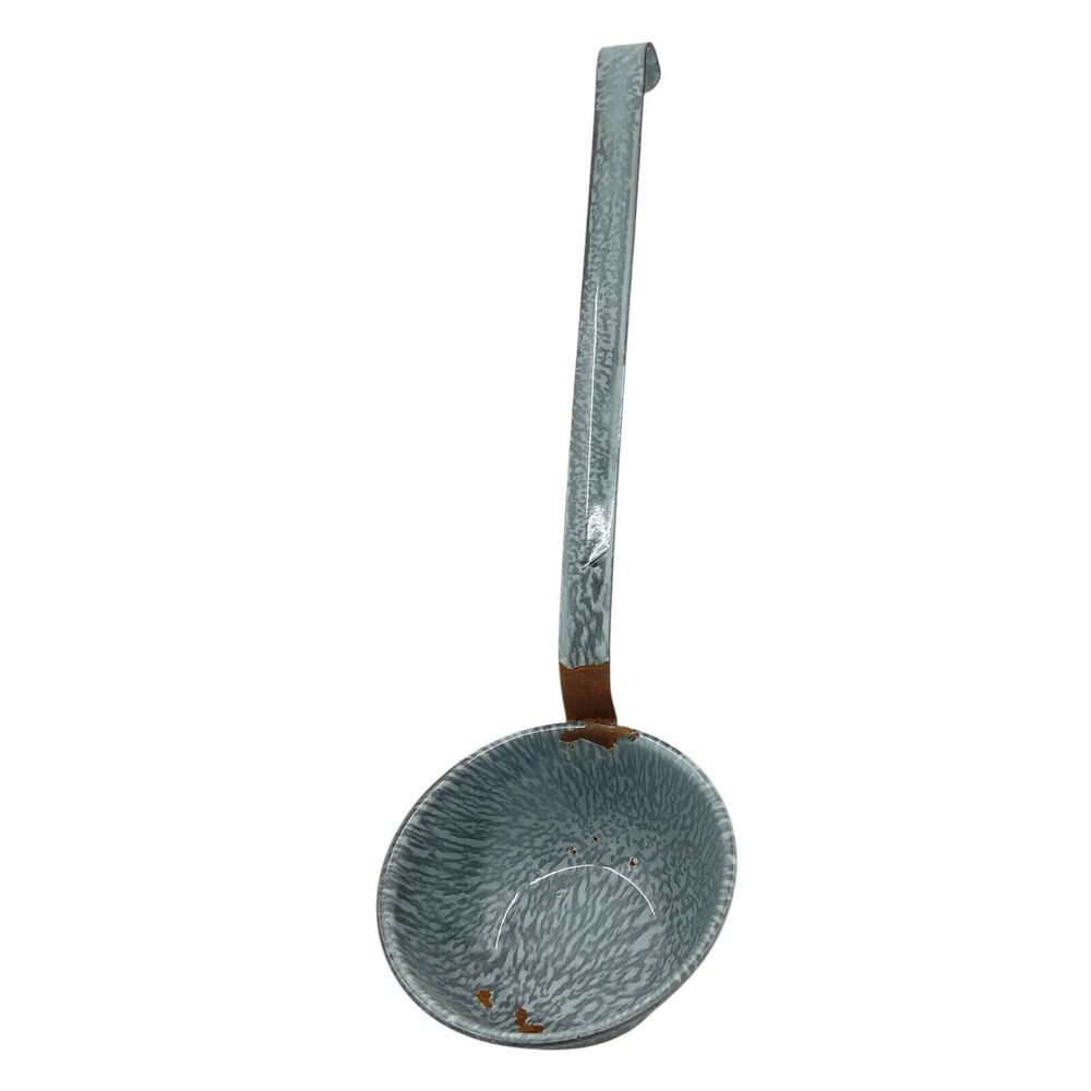 Gray‎ Swirled Graniteware Ladle Enamel Scoop Spoon Long Handled Hook Farmhouse